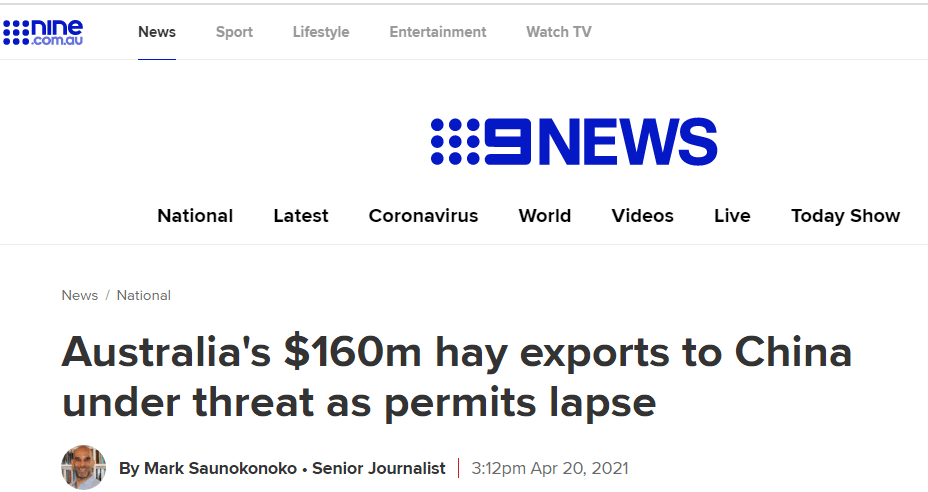 澳媒：随着许可证过期，澳大利亚担心对华干草出口生变