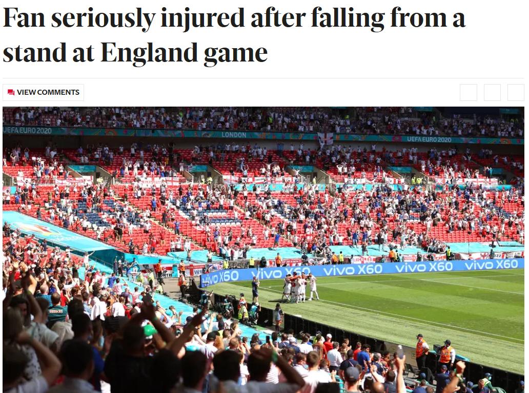 欧洲杯又出事！英格兰对阵克罗地亚比赛中，有球迷从看台跌落“受伤严重”