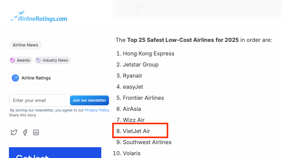 越捷航空荣膺2025年全球最安全航空公司之列 上榜AirlineRatingsTop10